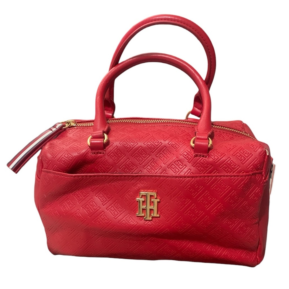 Tommy Hilfiger Red Embossed Zippered Synthetic Leather Shoulder Handbag Purse